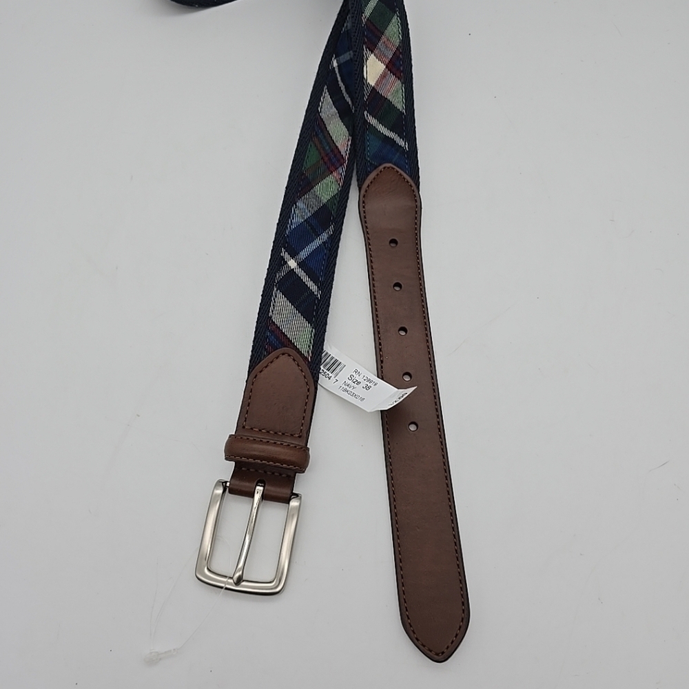CEG Men Blue Green Striped Belt Size 38 Leather & Canvas NEW - Picture 8 of 11